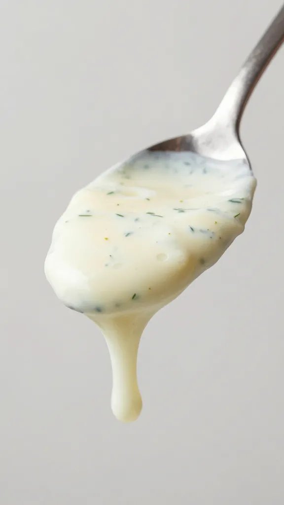 Spoon hovering with creamy dill lemon sauce