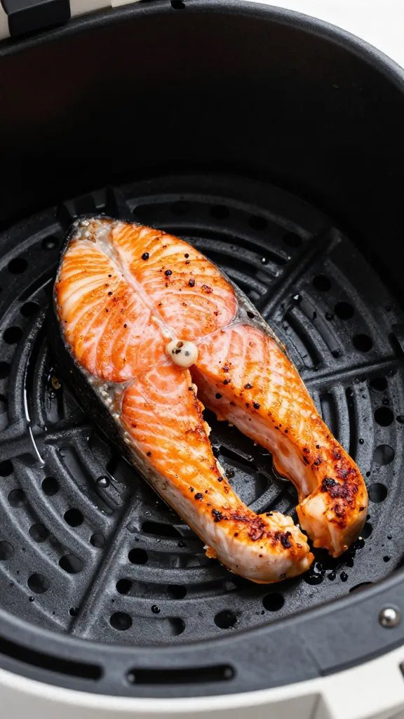 Single salmon fillet in air fryer basket, just cooked
