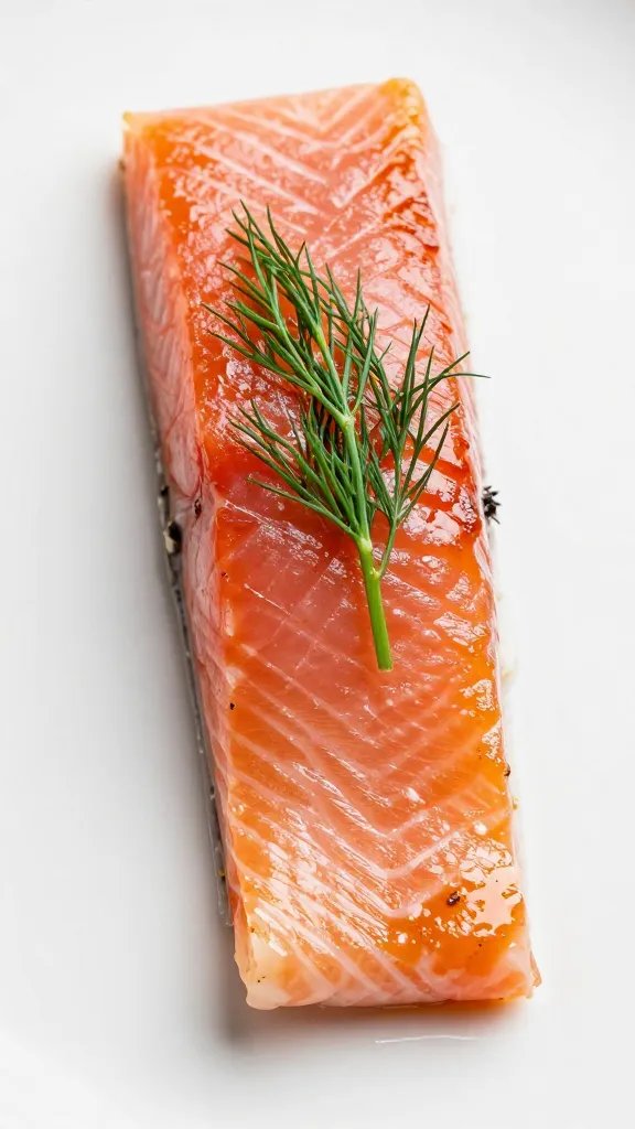 Fresh dill sprig resting on glazed salmon
