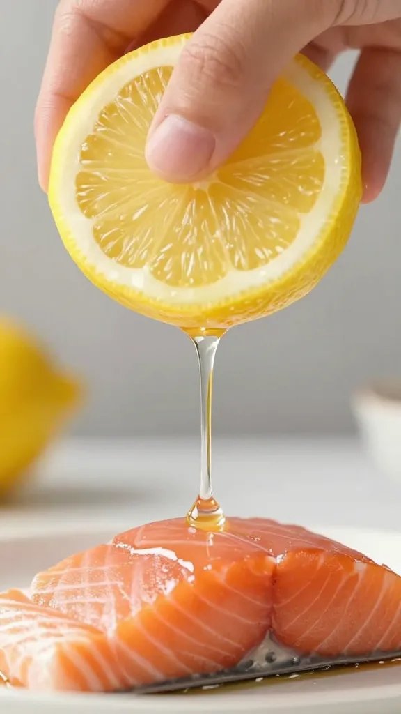 Lemon wedge squeezed over salmon, juice mid-drip