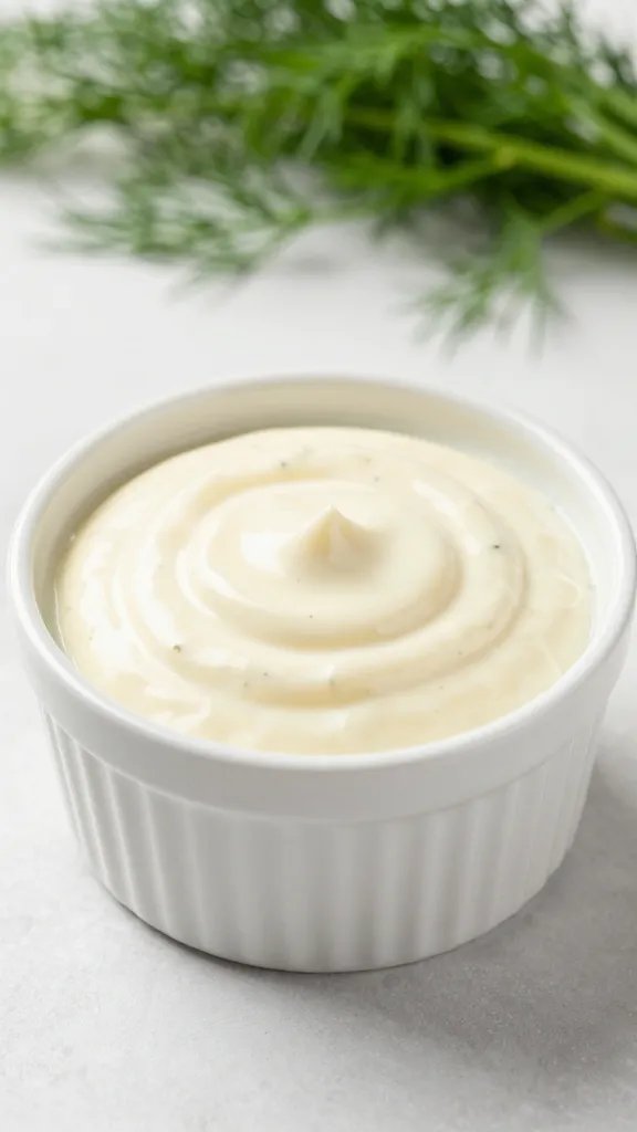 Small ramekin of dill lemon sauce, glossy surface