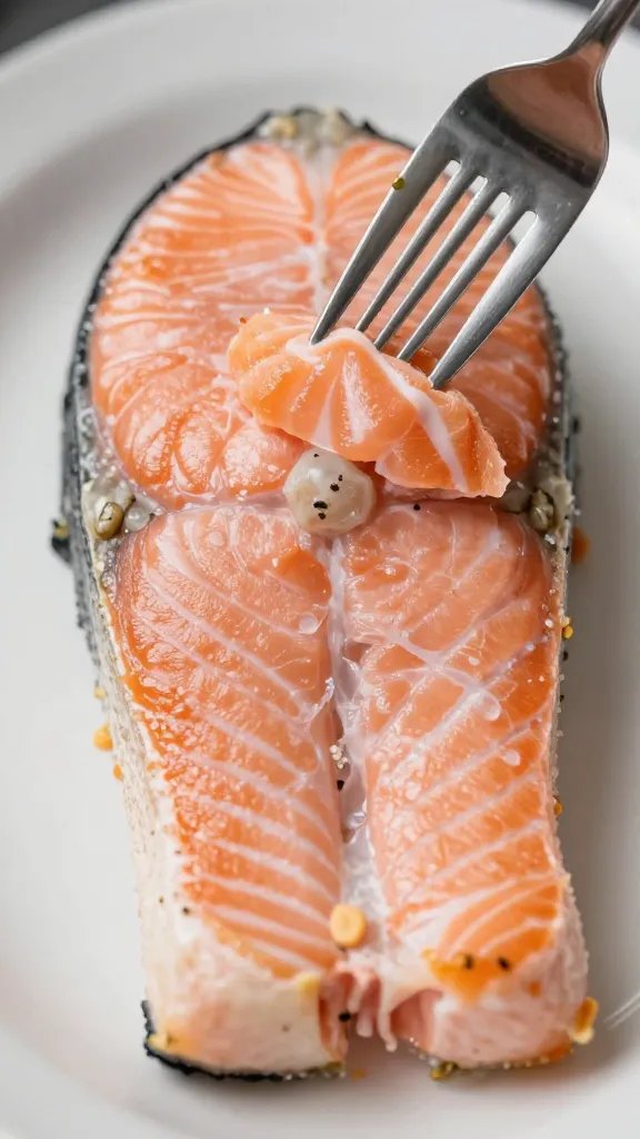 Fork flaking tender salmon, steam visible