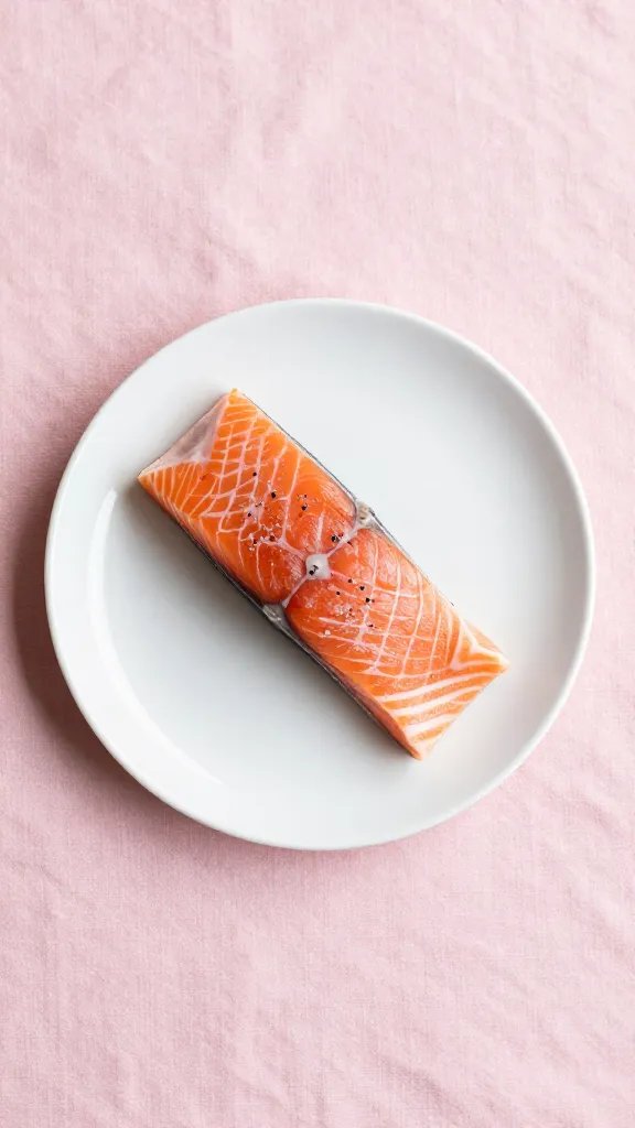 Salmon plated on pastel linen, minimalist spring styling