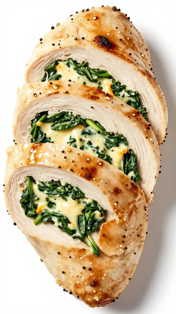 sliced stuffed chicken breast showing spinach-cheese filling