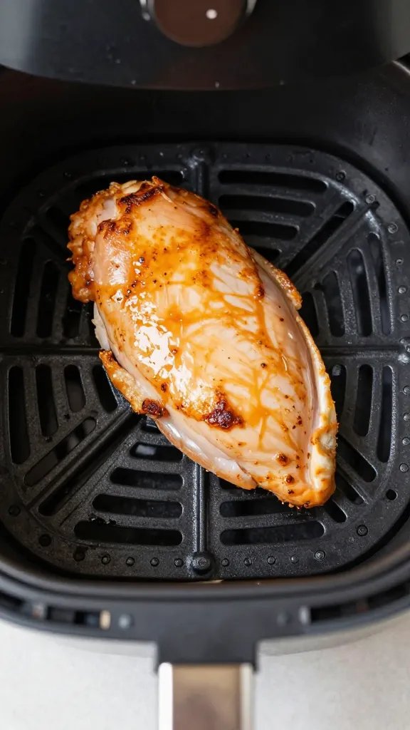 air fryer basket with single golden chicken breast