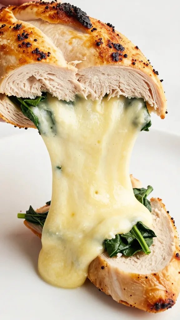melted mozzarella and spinach oozing from chicken slice
