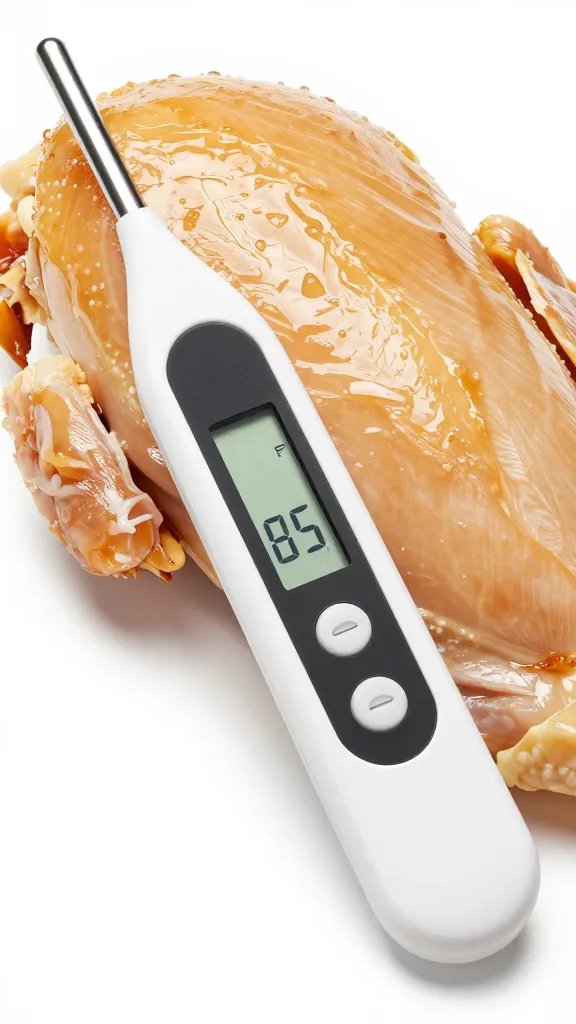 instant-read thermometer in cooked chicken breast, 165°F display