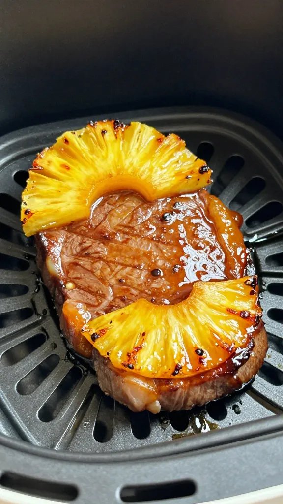 Closeup ham steak with caramelized pineapple glaze in air fryer basket