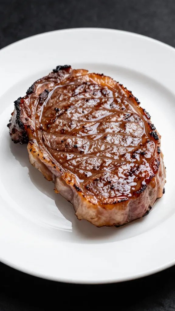 Single glazed ham steak on white plate, glossy edges