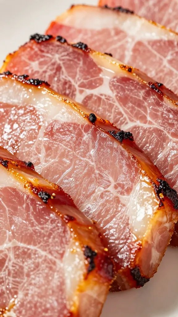 Sliced ham steak edge with crispy caramelization, tight closeup