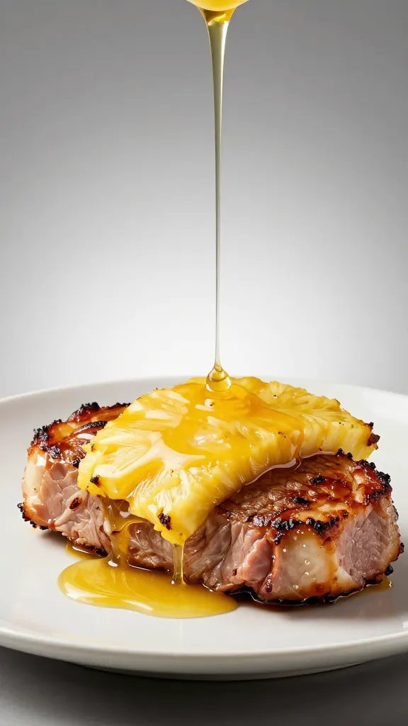 Pineapple glaze dripping off ham steak, studio lighting