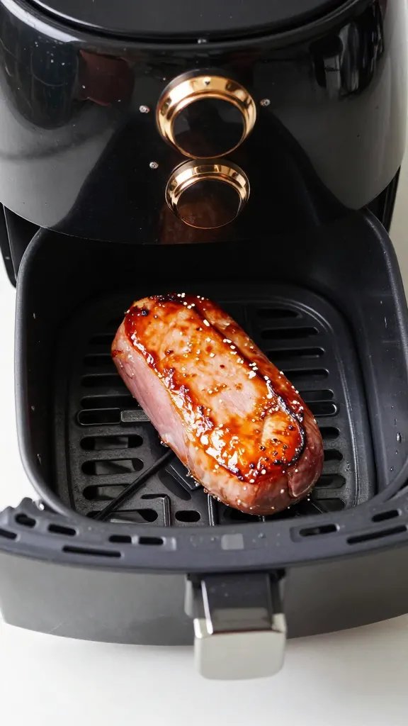Air fryer drawer open with one glazed ham steak, overhead