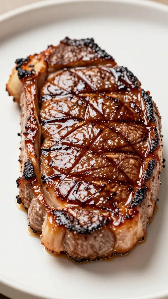Ham steak crosshatch sear with sticky glaze, shallow depth