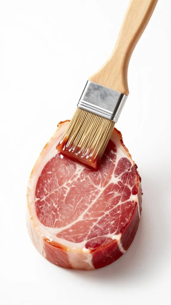 Pastry brush glazing a single ham steak, clean background