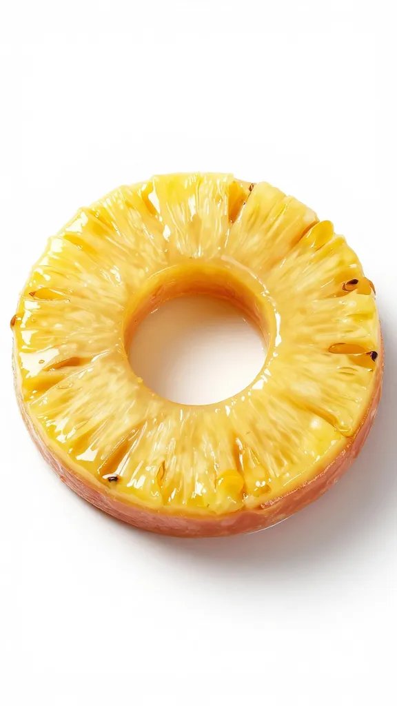 Single pineapple ring lacquered on ham steak, tight crop