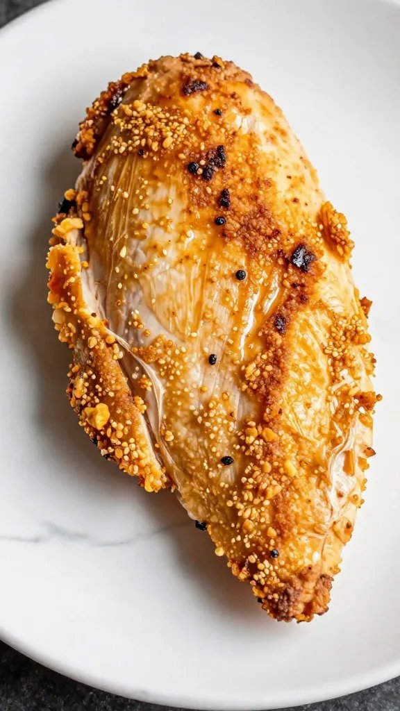 closeup air-fried turkey breast with crispy skin, marble plate