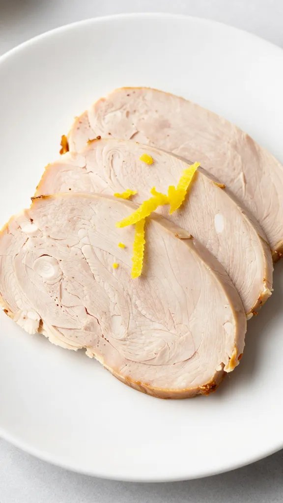 sliced turkey breast medallion, lemon zest garnish, white plate