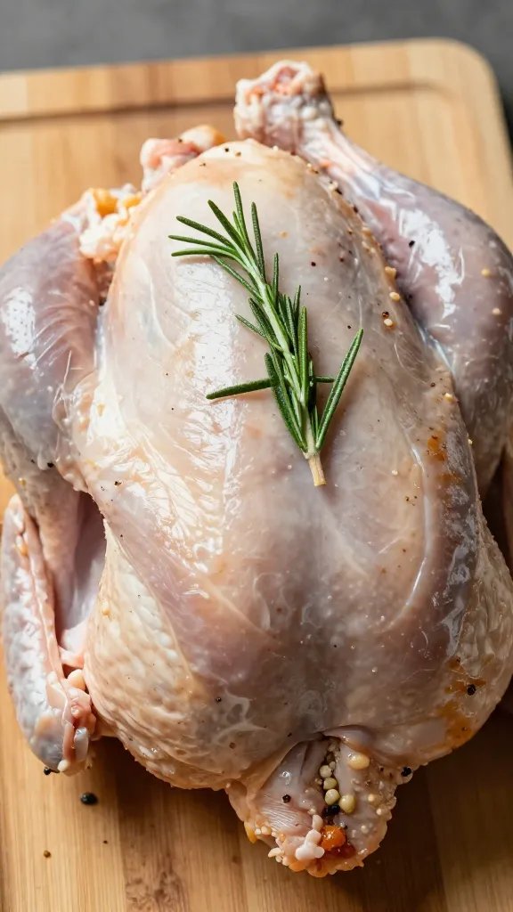 whole turkey breast resting on board, rosemary sprig on top