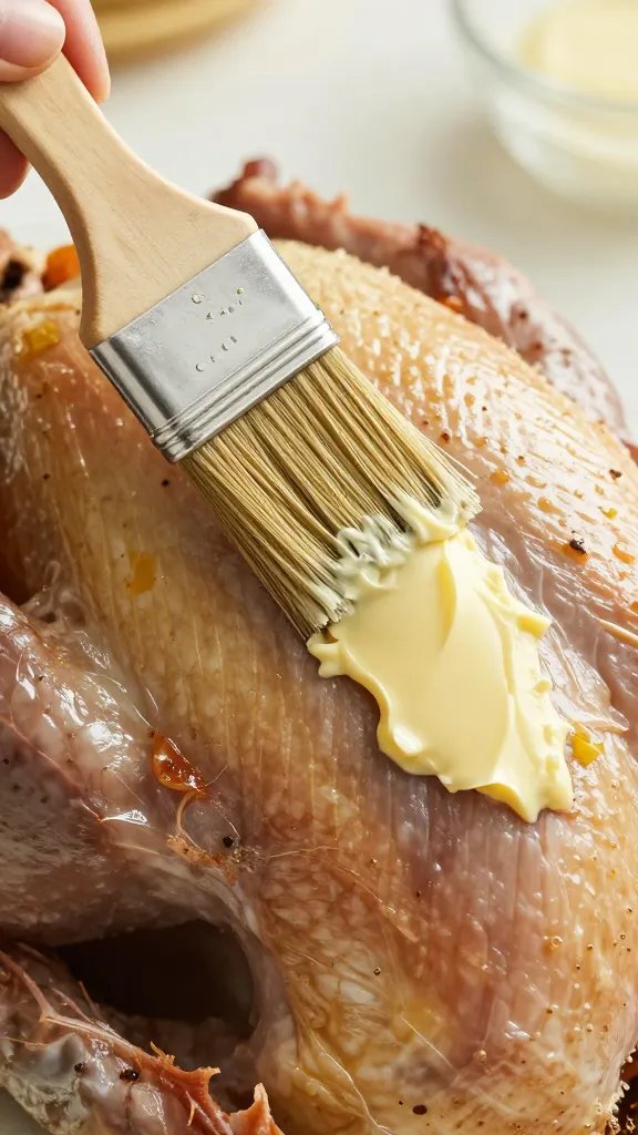 brushed butter on turkey skin, pastry brush mid-stroke
