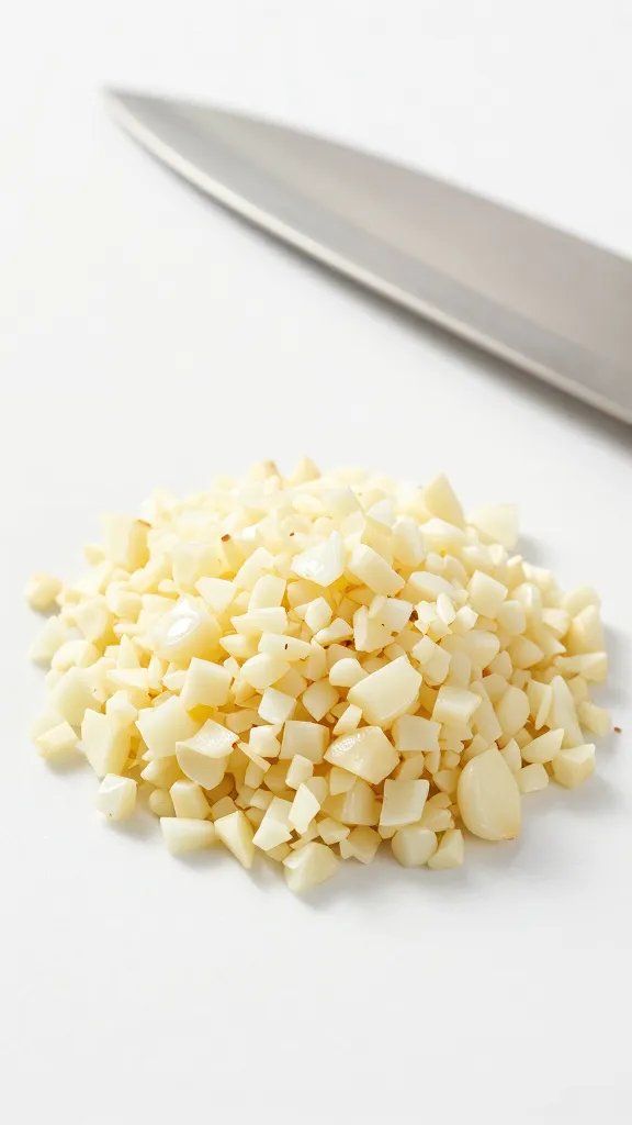 garlic clove minced pile, chef’s knife beside tip in frame