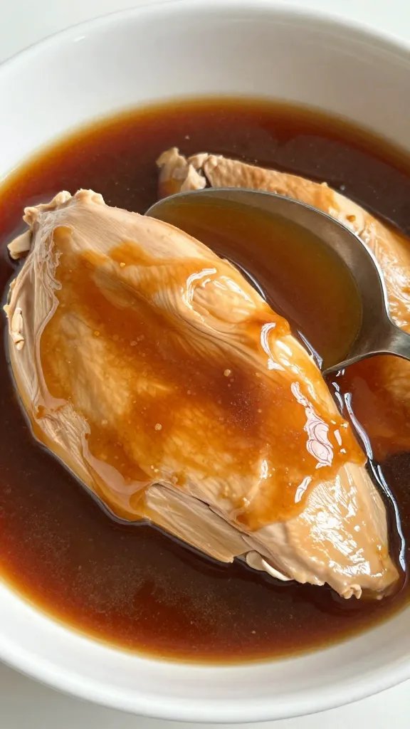 bowl of glossy pan juices from turkey breast, spoon dip