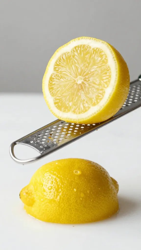 lemon half being zested, microplane over small mound