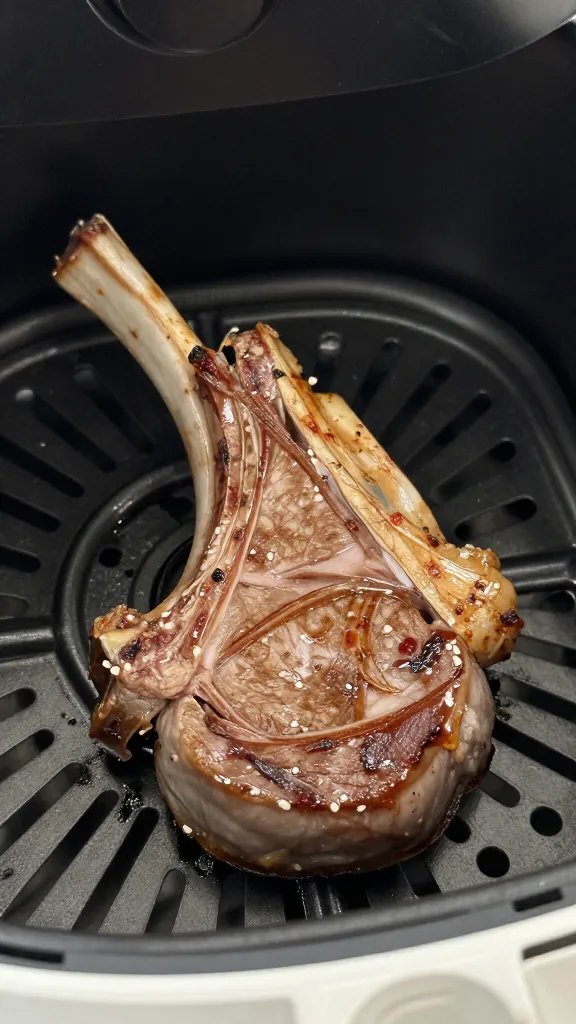 closeup of rib lamb chop in air fryer basket