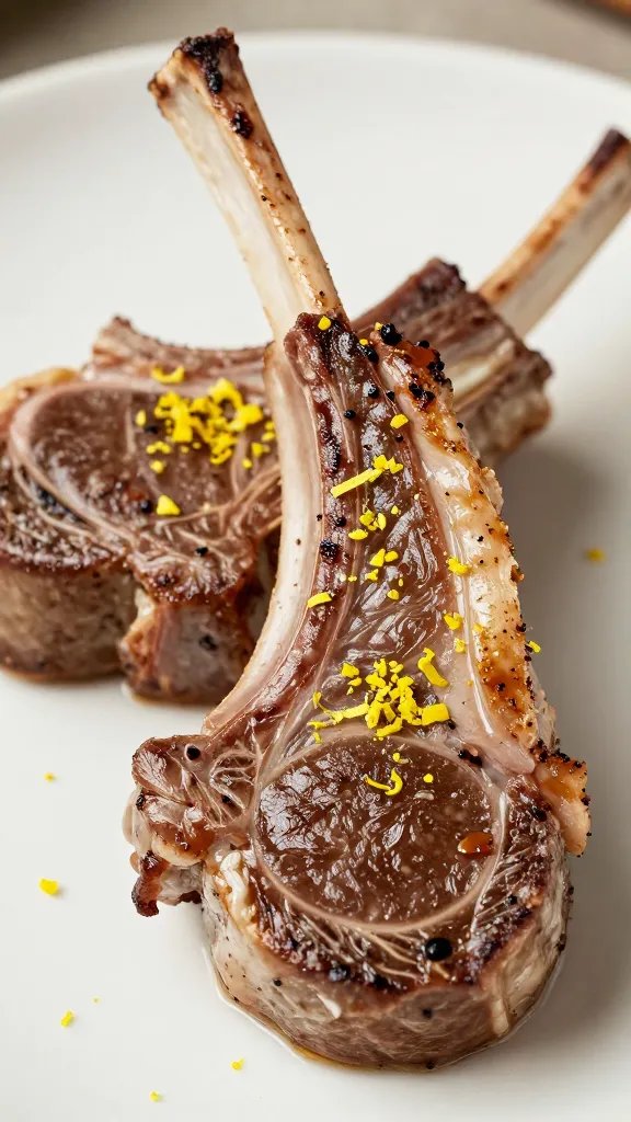 lemon zest flecks on resting lamb chop