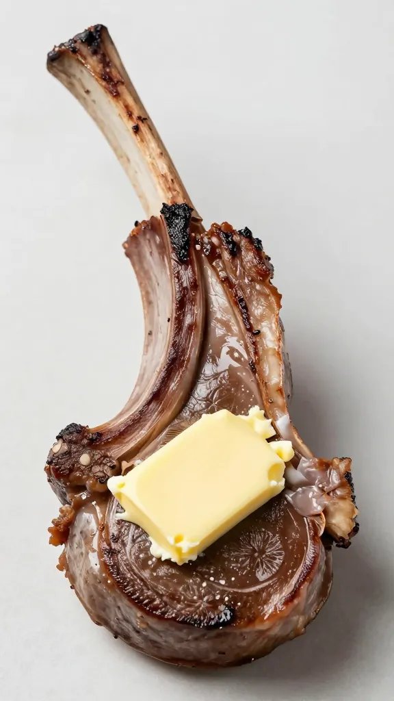 Dijon-streaked butter atop blushing lamb chop interior