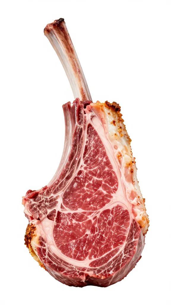 cross-section of medium-rare lamb chop, crusty edge