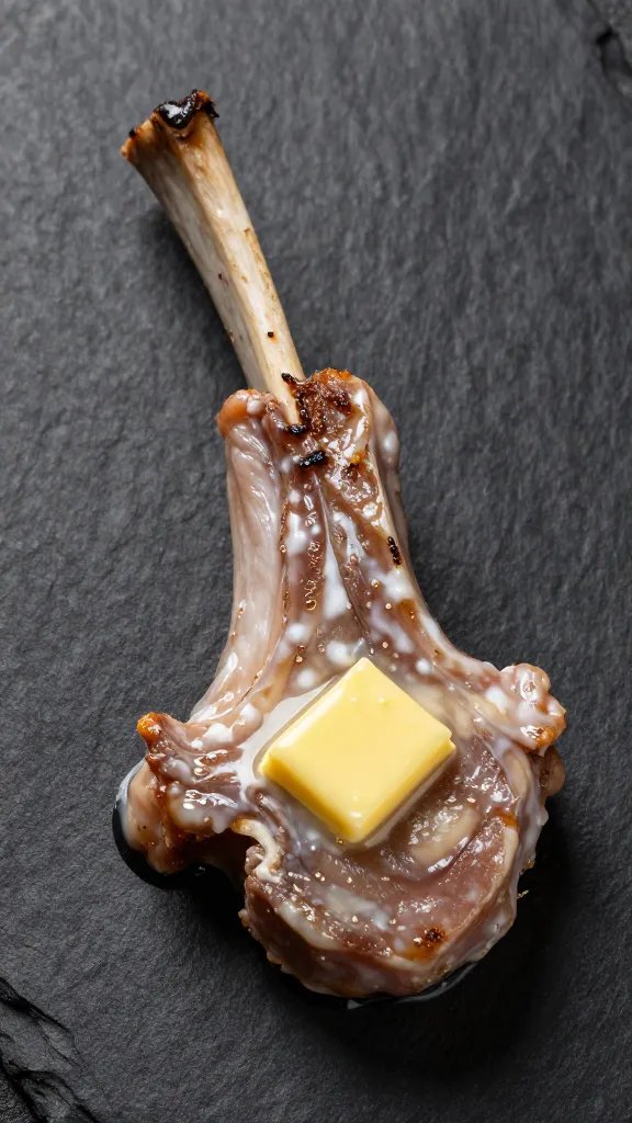 single lamb chop on black slate with butter glaze
