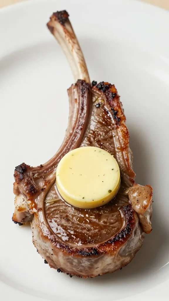 herb-studded butter coin on hot lamb chop