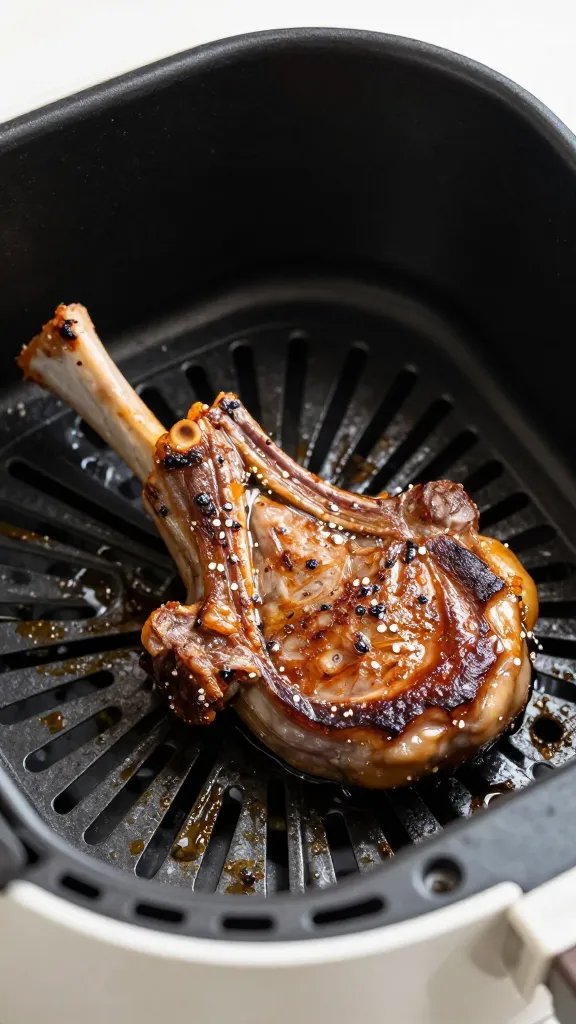 sizzling lamb chop under air fryer heating element