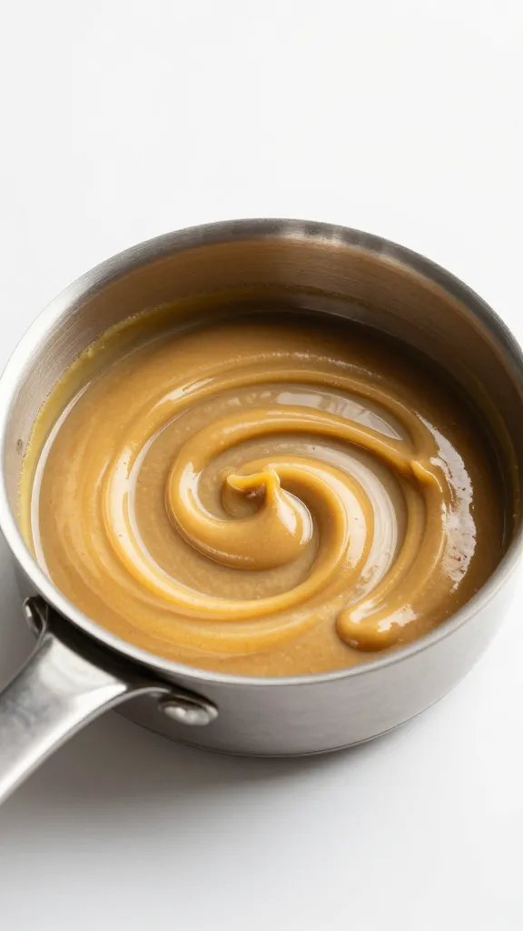 saucepan of brown sugar mustard glaze, glossy swirl