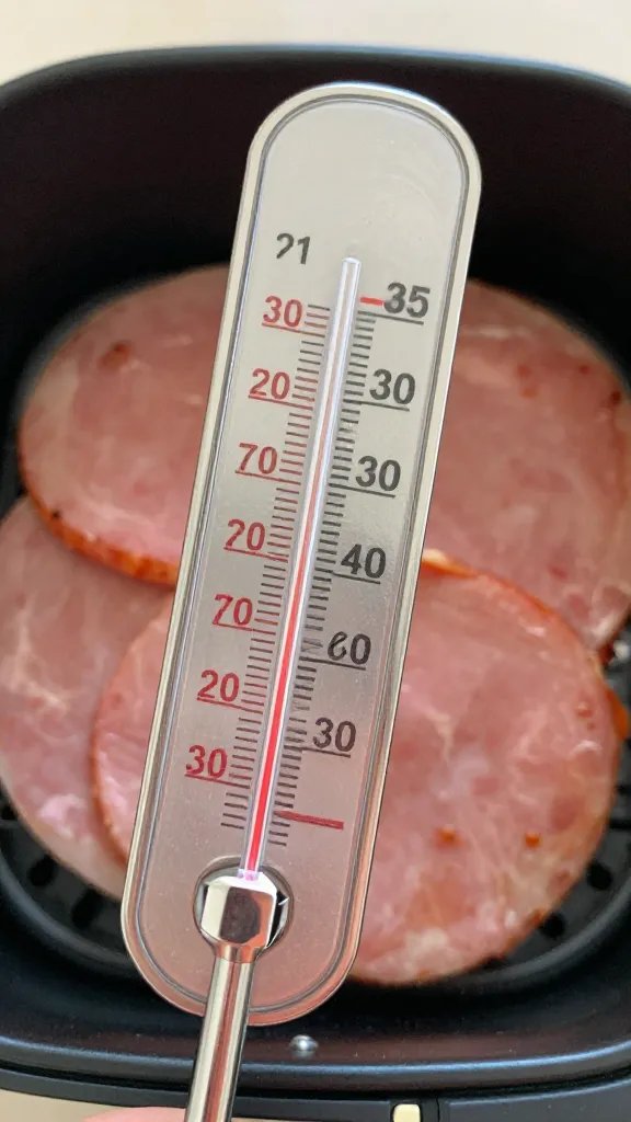 thermometer probe in air-fried ham, focused temp readout