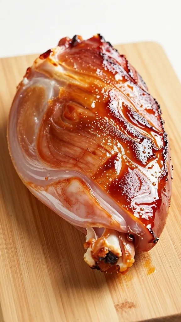 ham resting on cutting board, sticky caramelized exterior