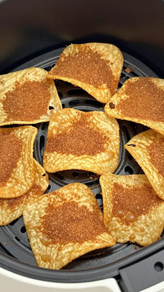closeup of cinnamon-sugar tortilla chip in air fryer basket