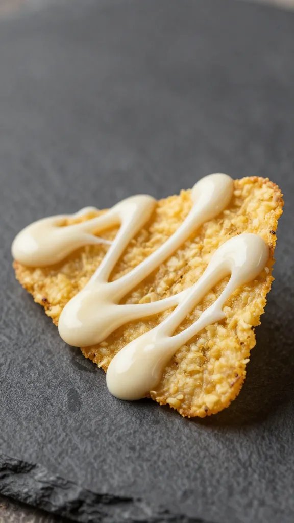 single plated dessert nacho chip with cheesecake drizzle