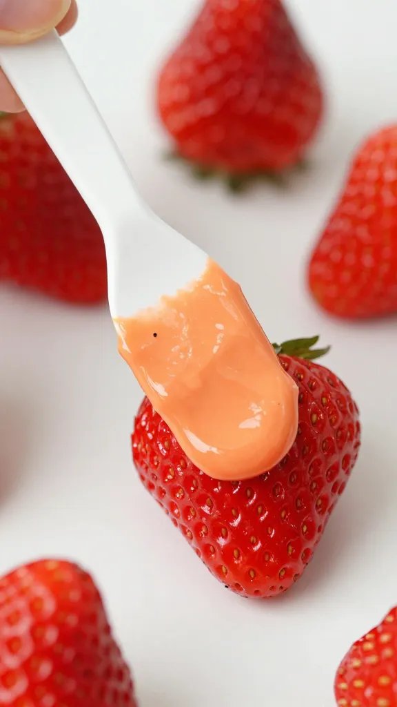 offset spatula spreading orange coating on one strawberry