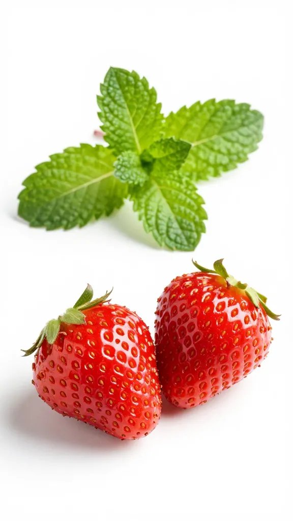 single sprig of mint “carrot top” beside coated strawberry