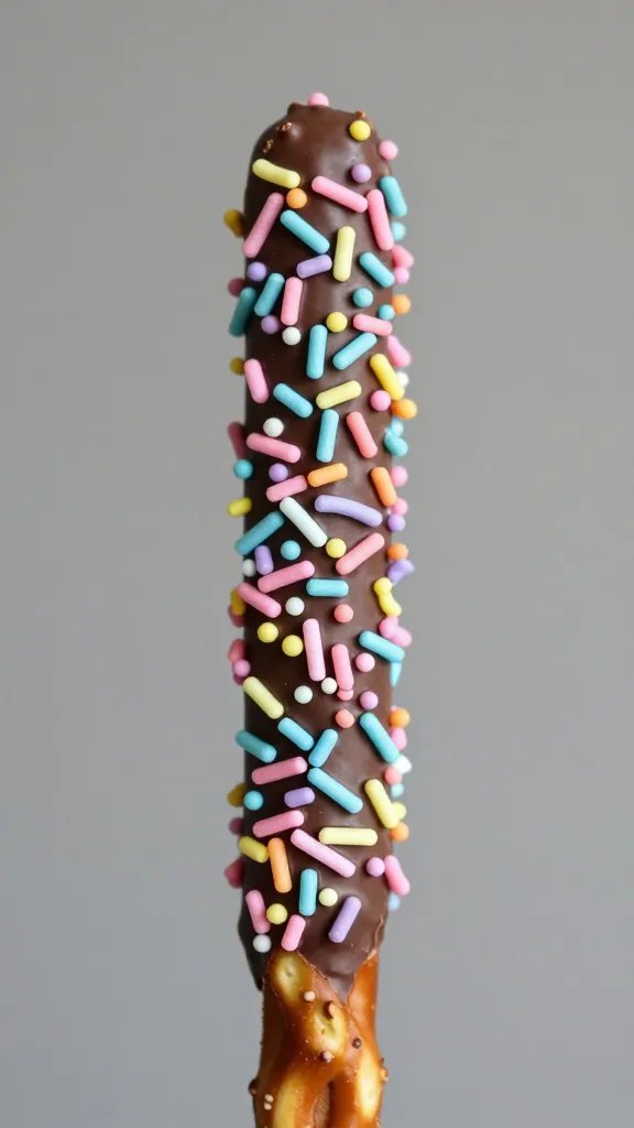 single chocolate-dipped pretzel rod with pastel sprinkles, closeup