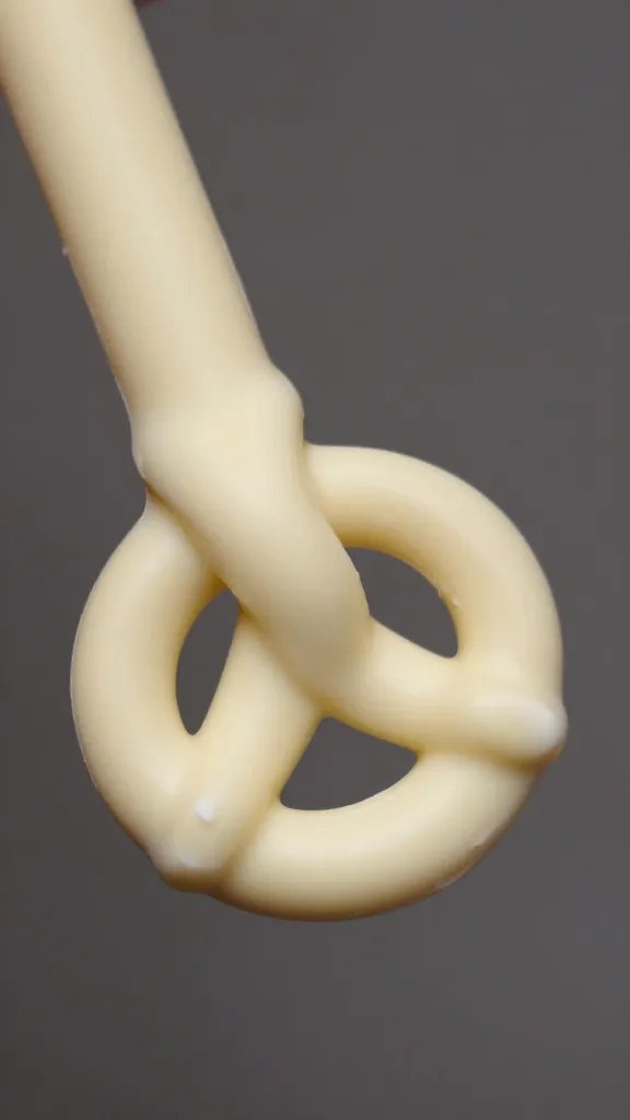 single pretzel rod dipped two-thirds in white chocolate, macro