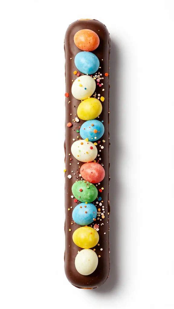 single dark chocolate pretzel rod with crushed candy eggs topping