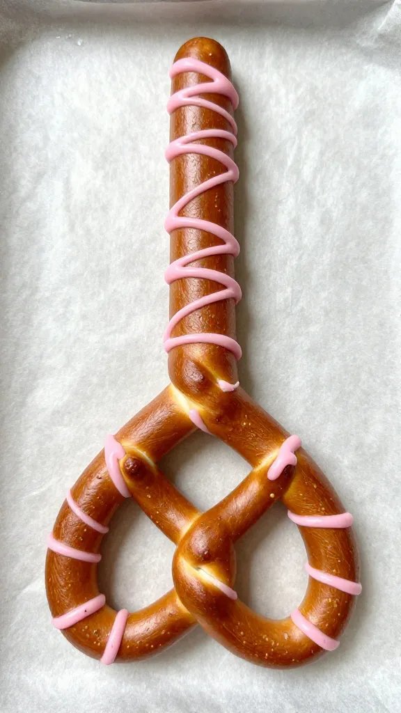 single pretzel rod with pink drizzle on parchment paper