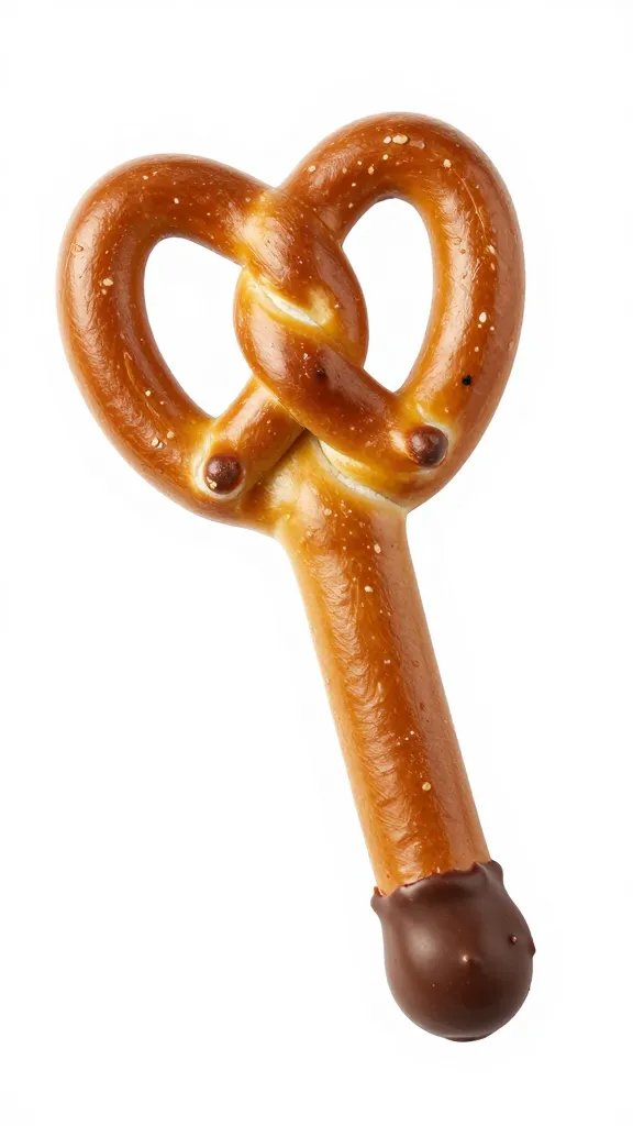 single salted pretzel rod half-dipped in glossy milk chocolate