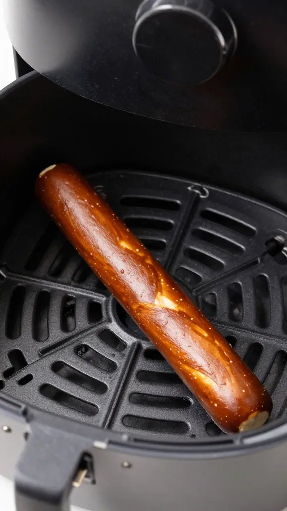 single air fryer basket holding one cooling chocolate pretzel rod