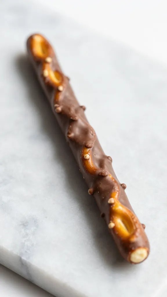 single chocolate-coated pretzel rod on marble slab, closeup