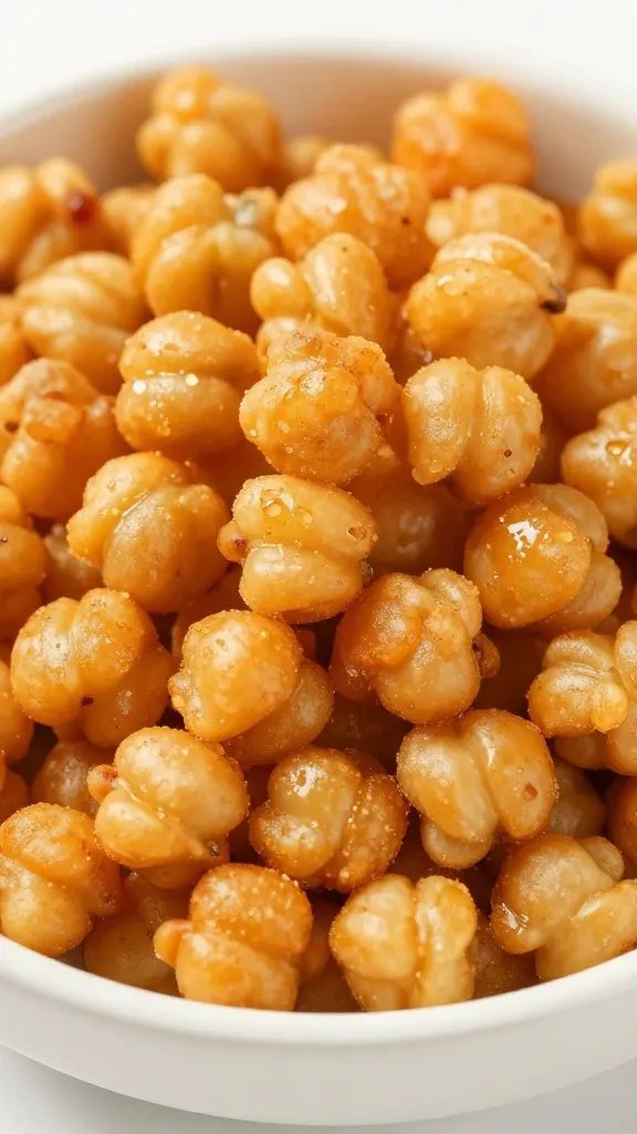 closeup bowl of air-fried crispy chickpeas, golden, matte bowl