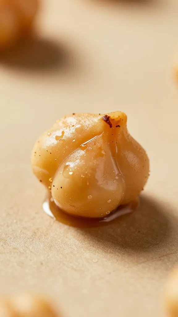 single roasted chickpea on parchment, dramatic macro lighting
