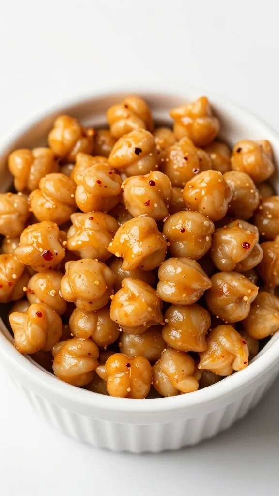 small ramekin of spicy chickpea snack mix, overhead